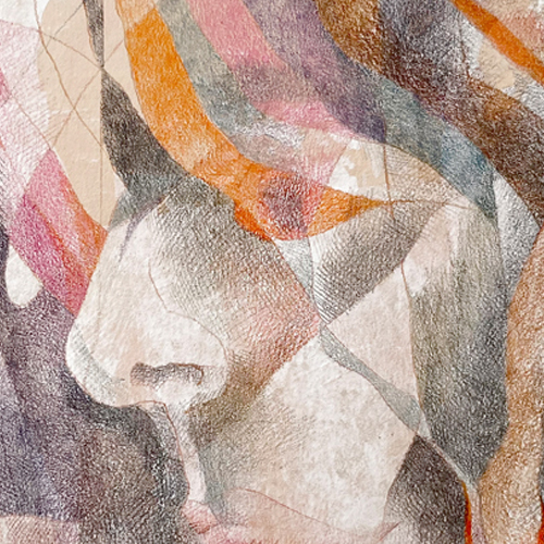 ausschnitt einer Buntstiftzeichnung mit mehreren Farben, Ausschnitt eines Porträts